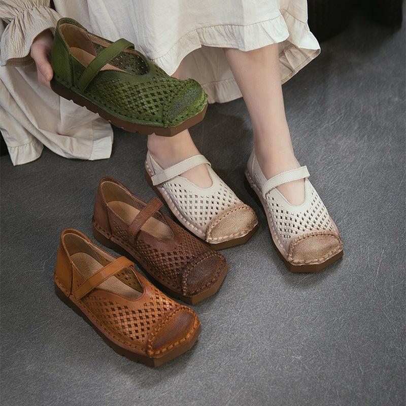 Mori Girl Soft Leather Perforated Mary Jane Shoes with Velcro in Green/Brown/Caramel/Apricot