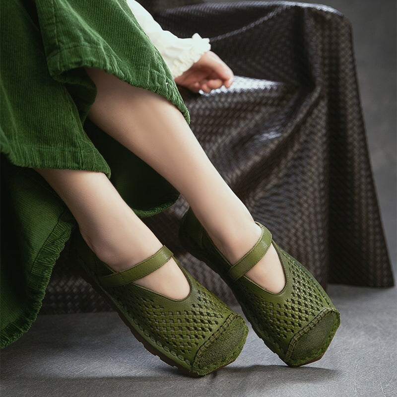 Mori Girl Soft Leather Perforated Mary Jane Shoes with Velcro in Green/Brown/Caramel/Apricot
