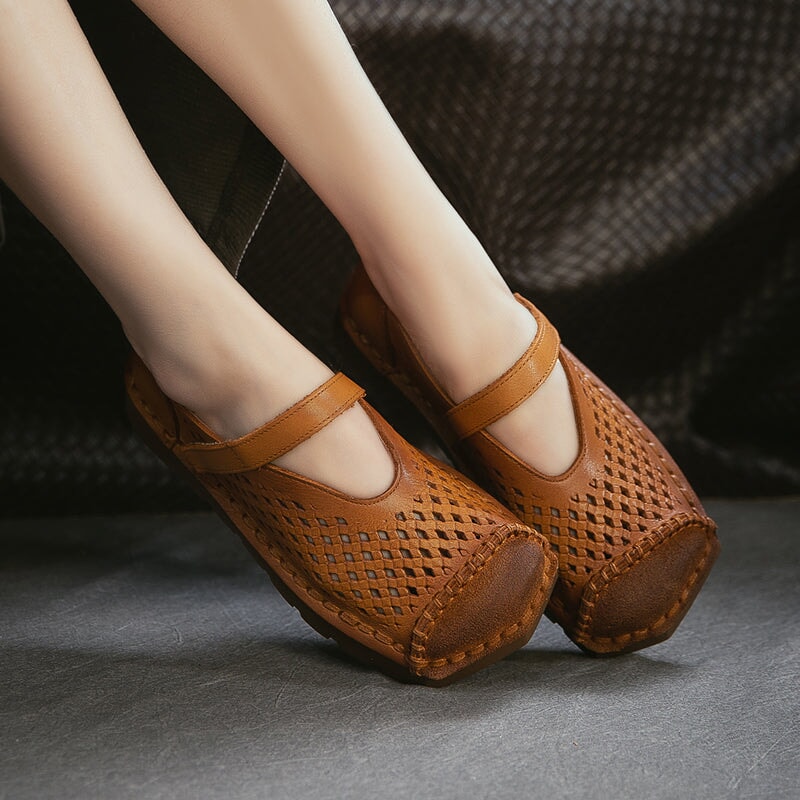 Mori Girl Soft Leather Perforated Mary Jane Shoes with Velcro in Green/Brown/Caramel/Apricot