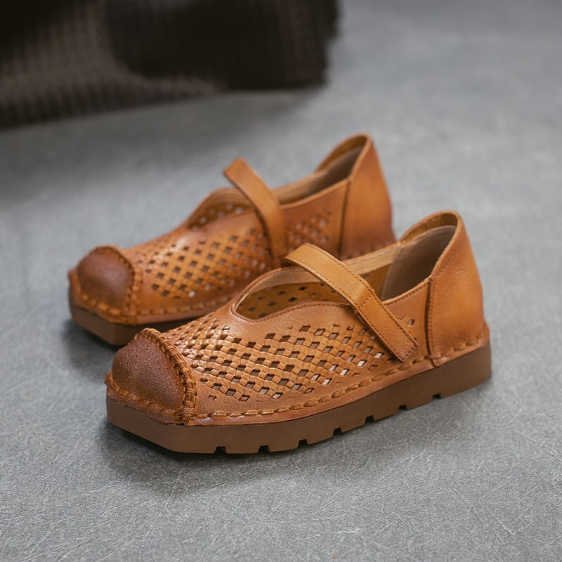 Mori Girl Soft Leather Perforated Mary Jane Shoes with Velcro in Green/Brown/Caramel/Apricot