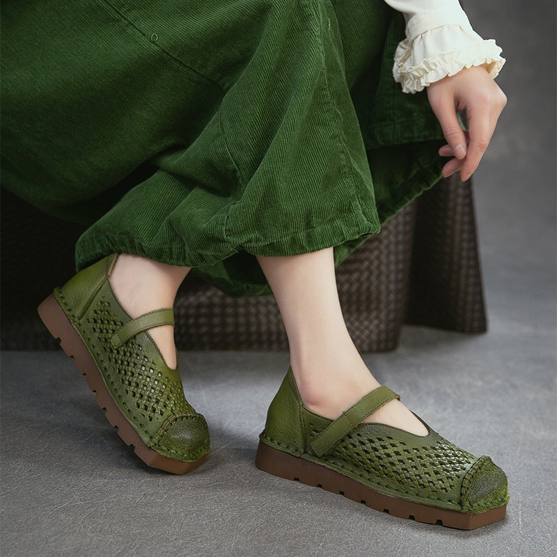 Mori Girl Soft Leather Perforated Mary Jane Shoes with Velcro in Green/Brown/Caramel/Apricot