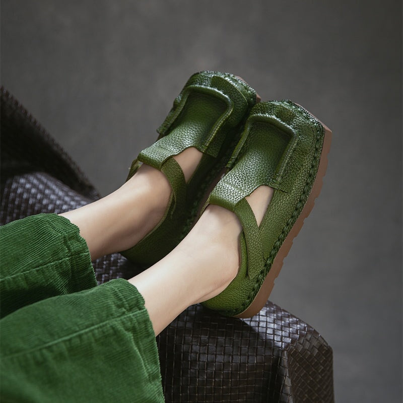 Mori Girl Square Toe T-Strap Mary Jane Flats Handmade Leather Velcro Casual Shoes in 4 Colors