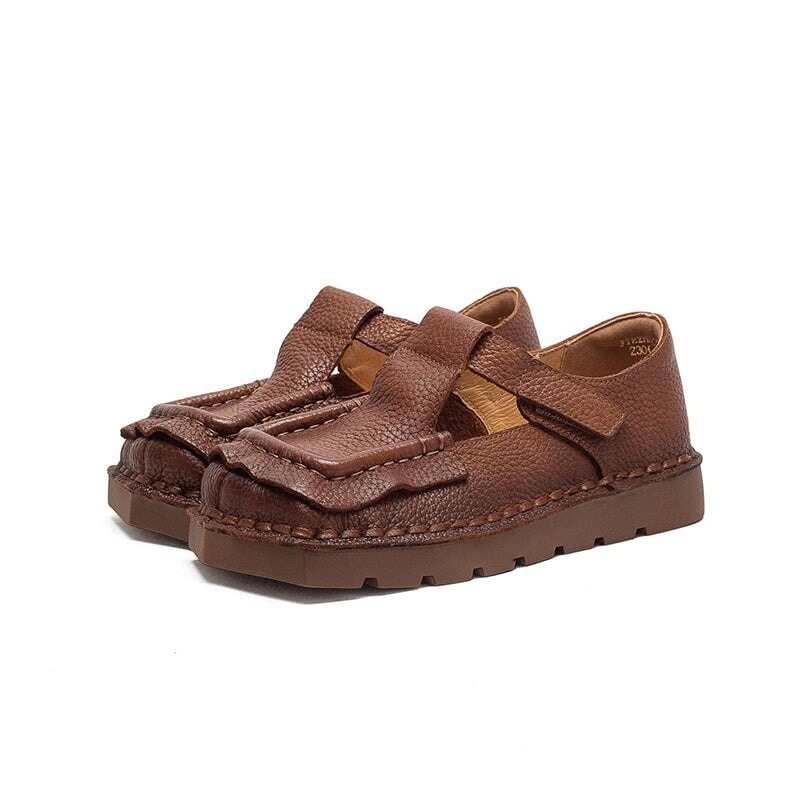 Mori Girl Square Toe T-Strap Mary Jane Flats Handmade Leather Velcro Casual Shoes in 4 Colors