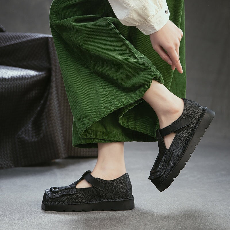 Mori Girl Square Toe T-Strap Mary Jane Flats Handmade Leather Velcro Casual Shoes in 4 Colors