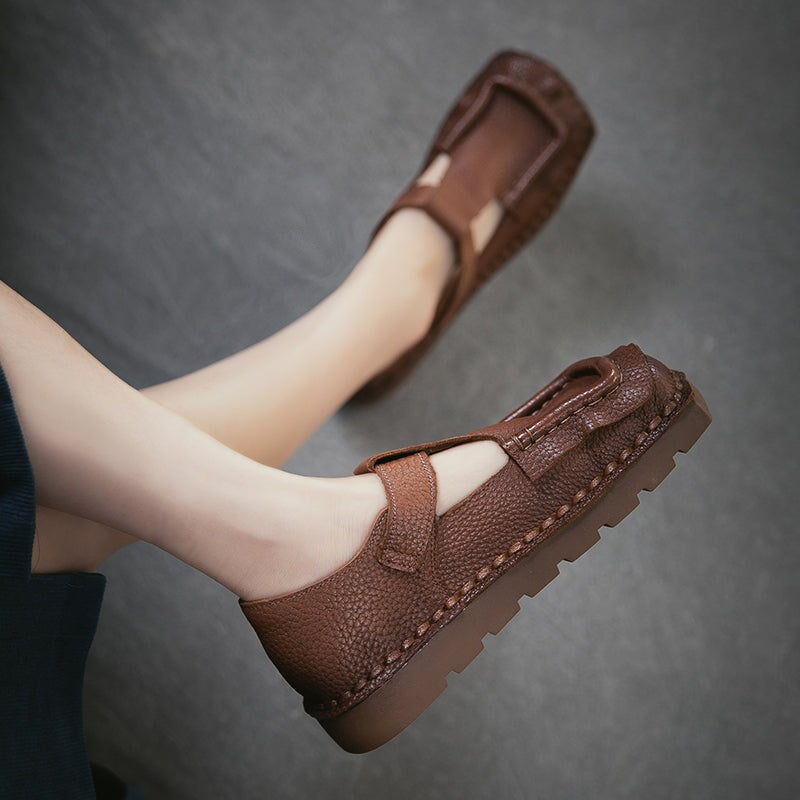 Mori Girl Square Toe T-Strap Mary Jane Flats Handmade Leather Velcro Casual Shoes in 4 Colors