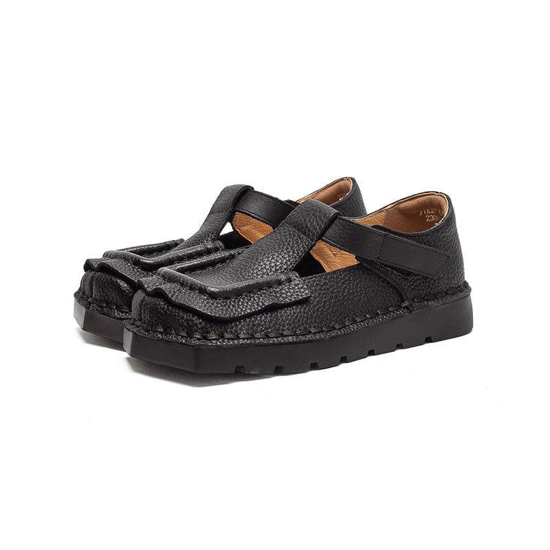 Mori Girl Square Toe T-Strap Mary Jane Flats Handmade Leather Velcro Casual Shoes in 4 Colors