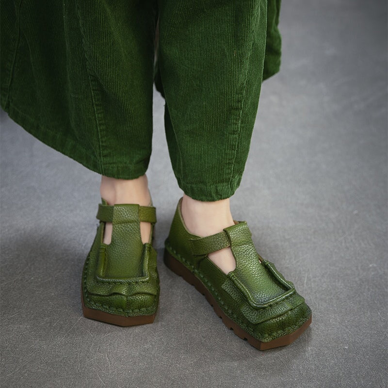 Mori Girl Square Toe T-Strap Mary Jane Flats Handmade Leather Velcro Casual Shoes in 4 Colors