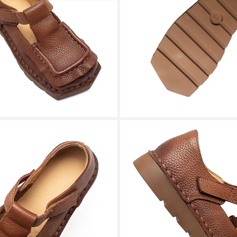 Mori Girl Square Toe T-Strap Mary Jane Flats Handmade Leather Velcro Casual Shoes in 4 Colors
