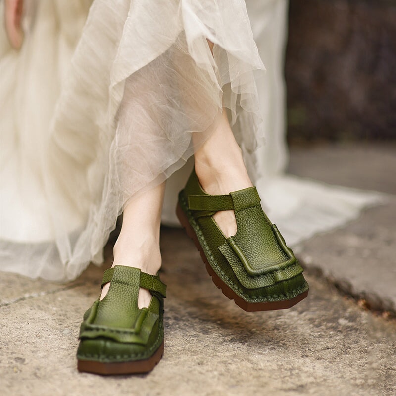 Mori Girl Square Toe T-Strap Mary Jane Flats Handmade Leather Velcro Casual Shoes in 4 Colors