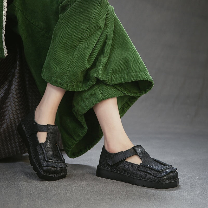 Mori Girl Square Toe T-Strap Mary Jane Flats Handmade Leather Velcro Casual Shoes in 4 Colors