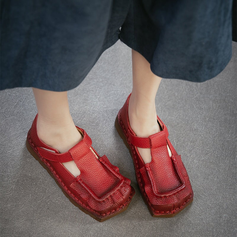 Mori Girl Square Toe T-Strap Mary Jane Flats Handmade Leather Velcro Casual Shoes in 4 Colors