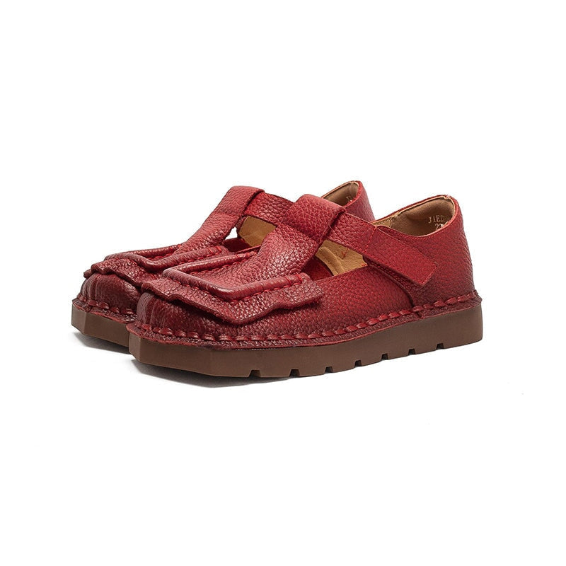 Mori Girl Square Toe T-Strap Mary Jane Flats Handmade Leather Velcro Casual Shoes in 4 Colors
