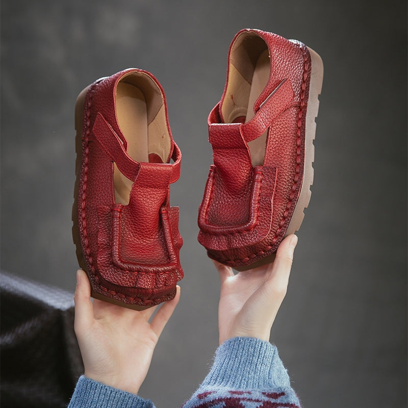 Mori Girl Square Toe T-Strap Mary Jane Flats Handmade Leather Velcro Casual Shoes in 4 Colors