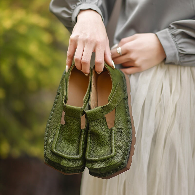 Mori Girl Square Toe T-Strap Mary Jane Flats Handmade Leather Velcro Casual Shoes in 4 Colors