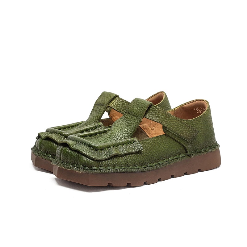 Mori Girl Square Toe T-Strap Mary Jane Flats Handmade Leather Velcro Casual Shoes in 4 Colors