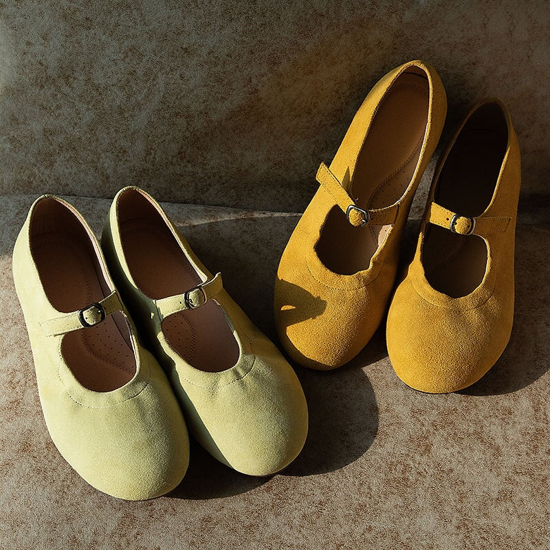 Mori Girl Women’s Suede Leather Mary Jane Flat Shoes in Yellow/Green/Apricot