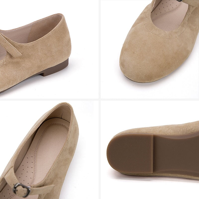 Mori Girl Women’s Suede Leather Mary Jane Flat Shoes in Yellow/Green/Apricot