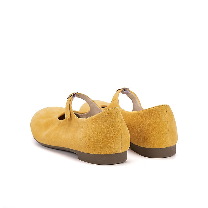 Mori Girl Women’s Suede Leather Mary Jane Flat Shoes in Yellow/Green/Apricot