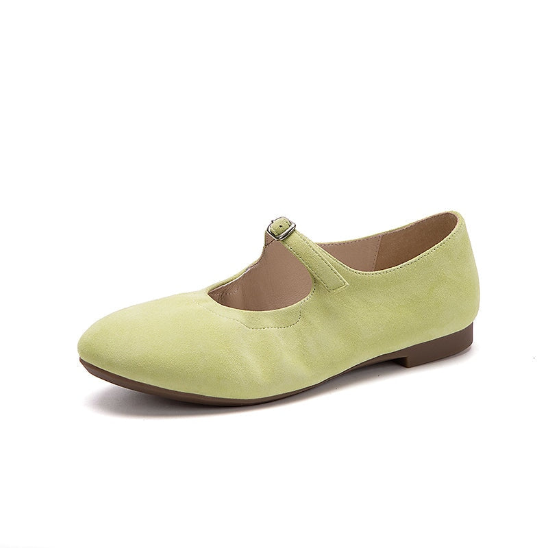 Mori Girl Women’s Suede Leather Mary Jane Flat Shoes in Yellow/Green/Apricot
