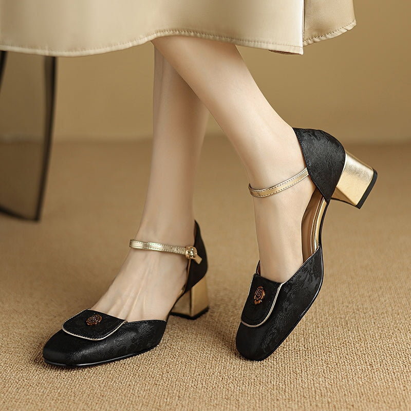 Nation Style Elegant Genuine Leather Mary Jane Shoes with Metal Camellia Design in Green/Black/Beige