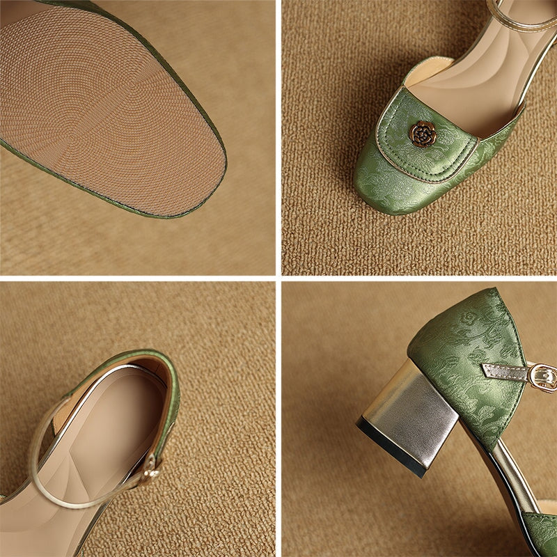 Nation Style Elegant Genuine Leather Mary Jane Shoes with Metal Camellia Design in Green/Black/Beige