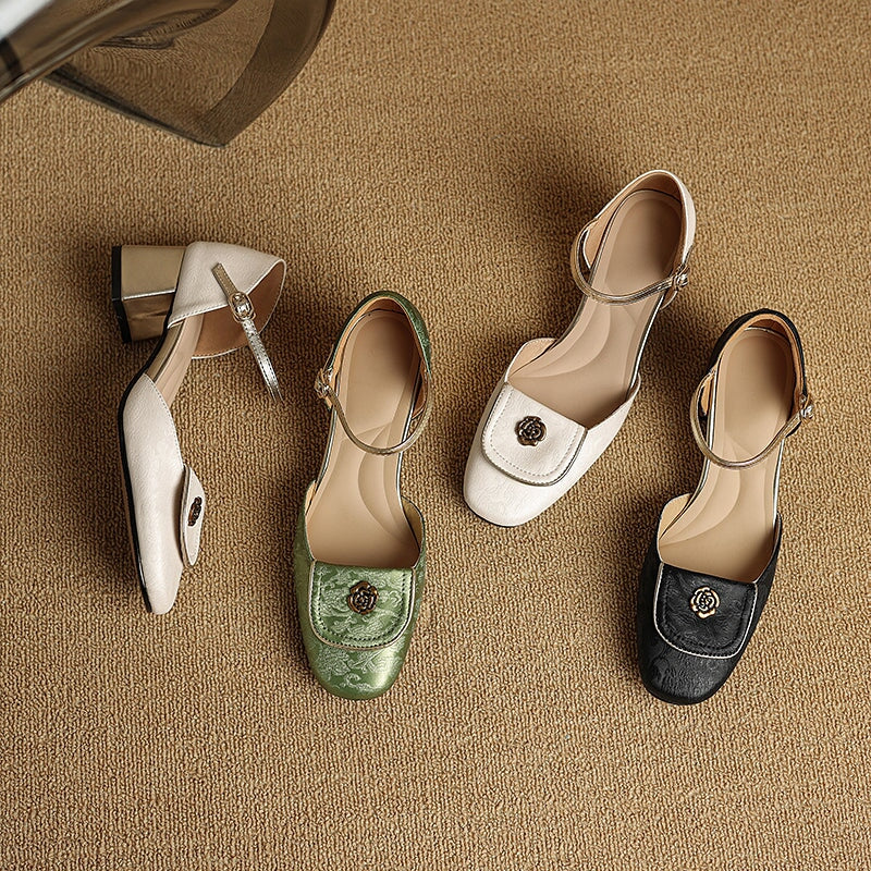 Nation Style Elegant Genuine Leather Mary Jane Shoes with Metal Camellia Design in Green/Black/Beige