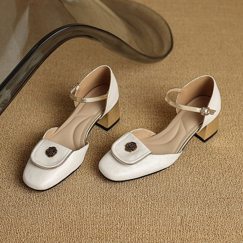 Nation Style Elegant Genuine Leather Mary Jane Shoes with Metal Camellia Design in Green/Black/Beige