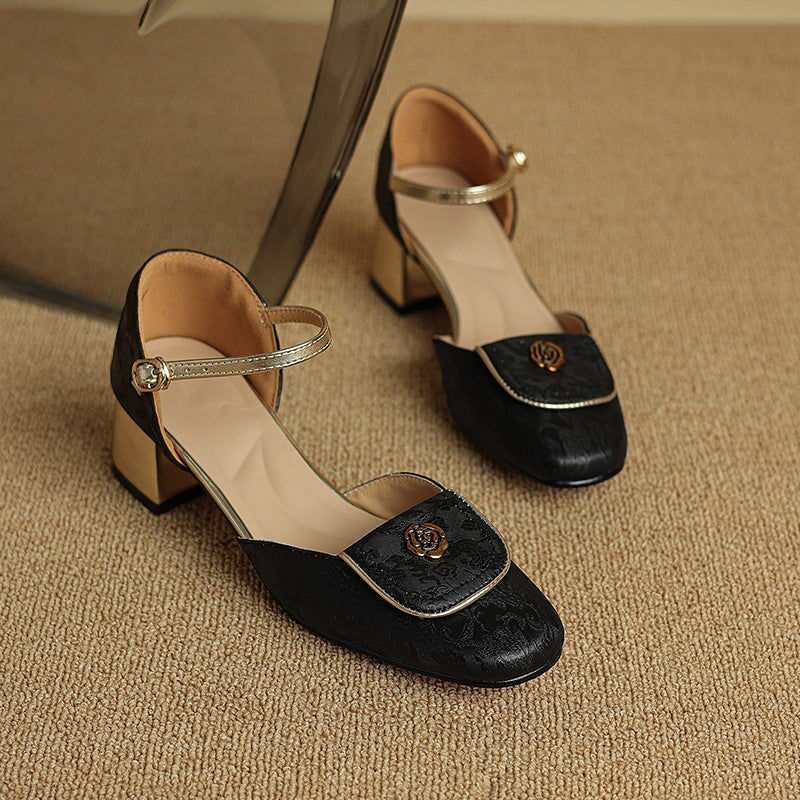 Nation Style Elegant Genuine Leather Mary Jane Shoes with Metal Camellia Design in Green/Black/Beige