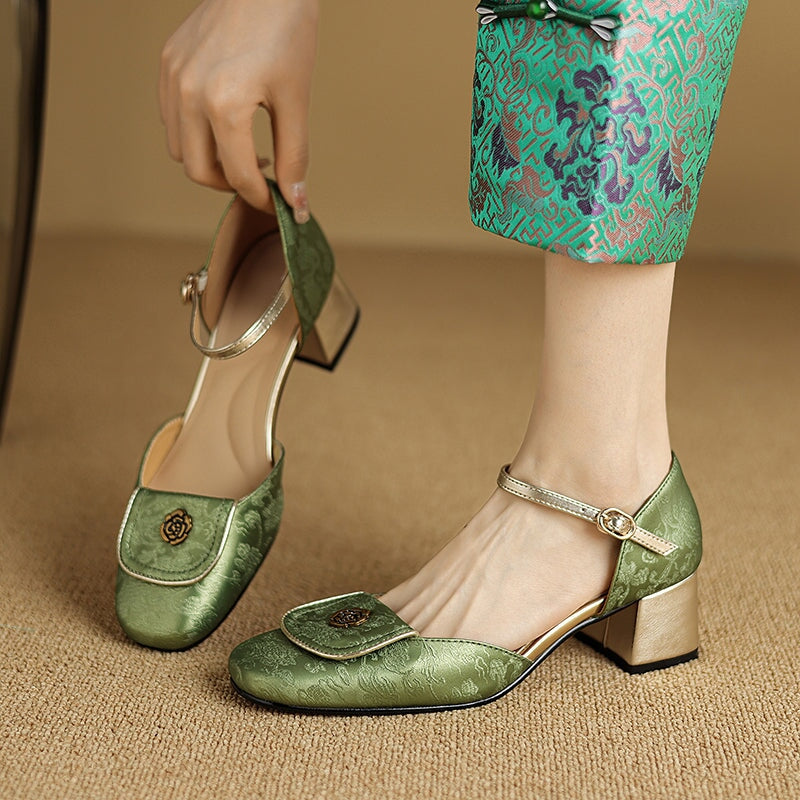Nation Style Elegant Genuine Leather Mary Jane Shoes with Metal Camellia Design in Green/Black/Beige
