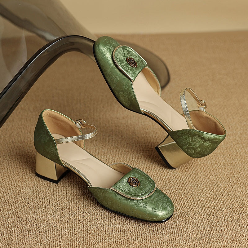 Nation Style Elegant Genuine Leather Mary Jane Shoes with Metal Camellia Design in Green/Black/Beige