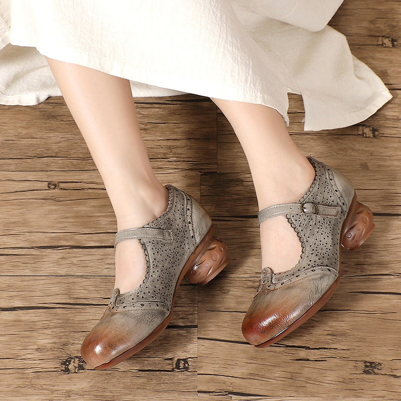Nation Style Handmade Leather Mary Jane Shoes with Hollow Carved in Grey