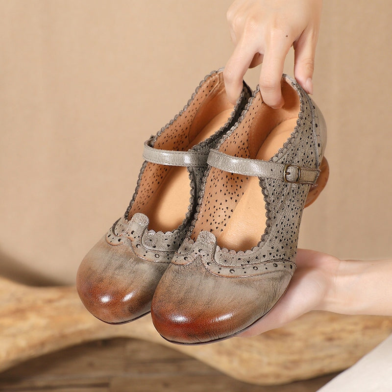 Nation Style Handmade Leather Mary Jane Shoes with Hollow Carved in Grey