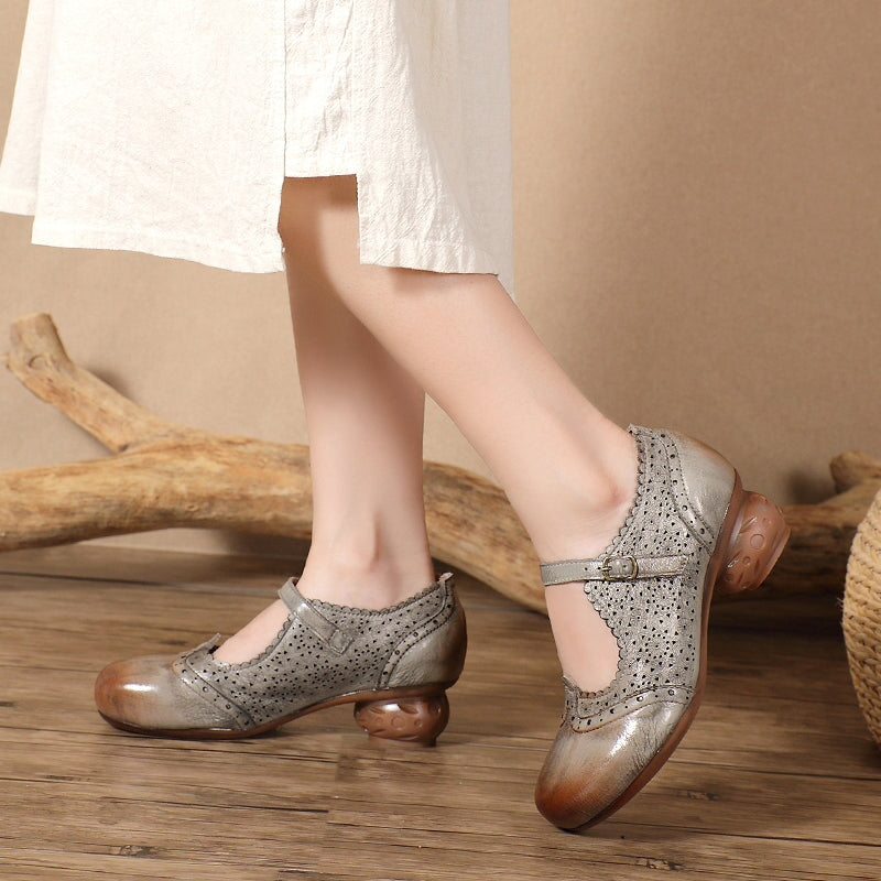Nation Style Handmade Leather Mary Jane Shoes with Hollow Carved in Grey