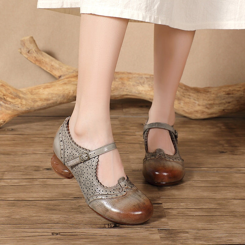 Nation Style Handmade Leather Mary Jane Shoes with Hollow Carved in Grey