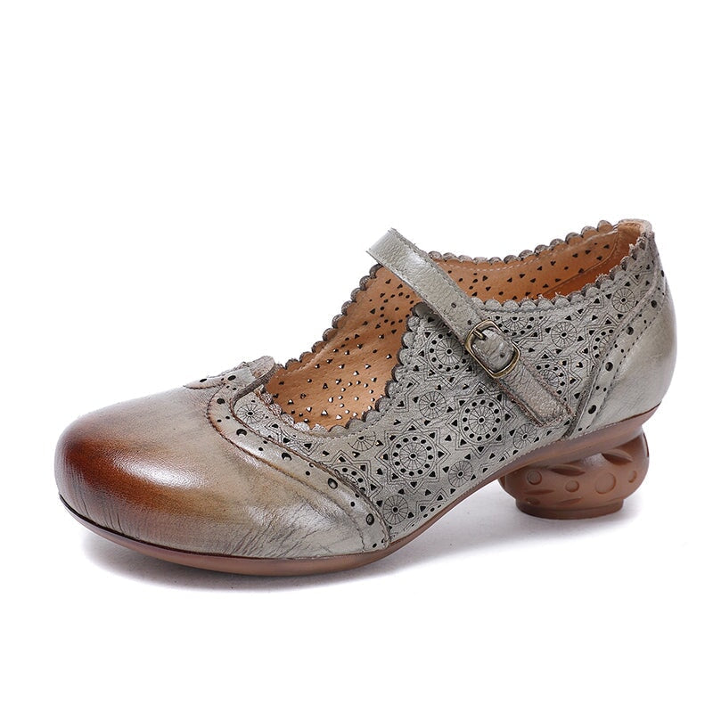 Nation Style Handmade Leather Mary Jane Shoes with Hollow Carved in Grey
