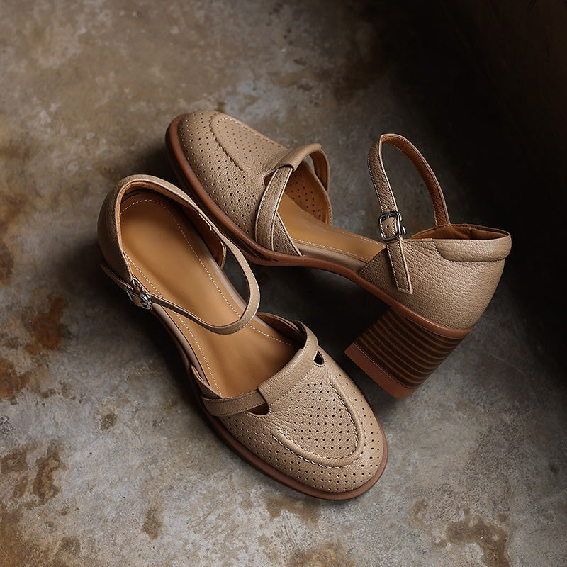 Perforated Leather Mary Jane Block Heel Shoes Breathable Ankle Strap Sandals in Apricot/Beige/Light Blue