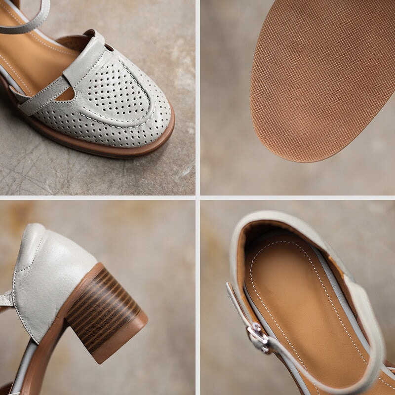 Perforated Leather Mary Jane Block Heel Shoes Breathable Ankle Strap Sandals in Apricot/Beige/Light Blue