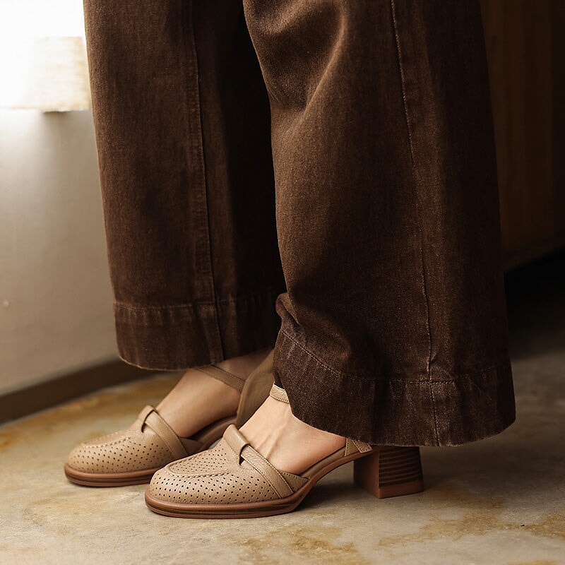Perforated Leather Mary Jane Block Heel Shoes Breathable Ankle Strap Sandals in Apricot/Beige/Light Blue
