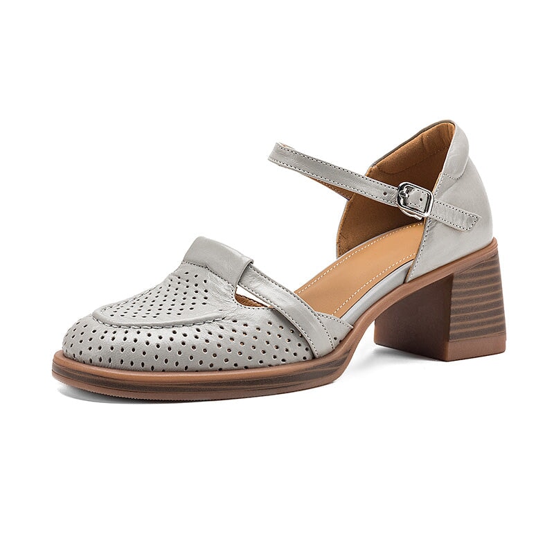 Perforated Leather Mary Jane Block Heel Shoes Breathable Ankle Strap Sandals in Apricot/Beige/Light Blue