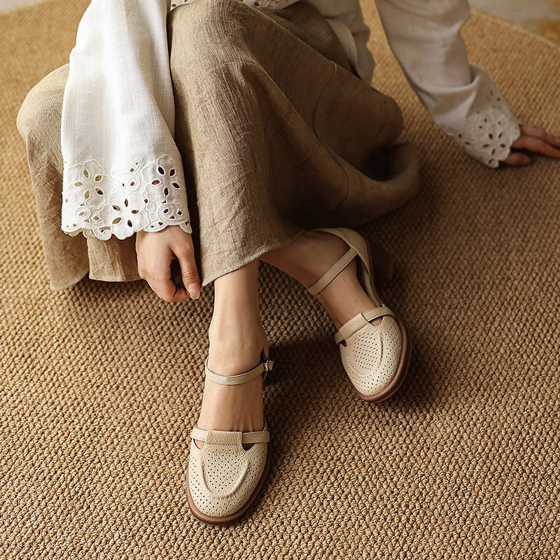 Perforated Leather Mary Jane Block Heel Shoes Breathable Ankle Strap Sandals in Apricot/Beige/Light Blue