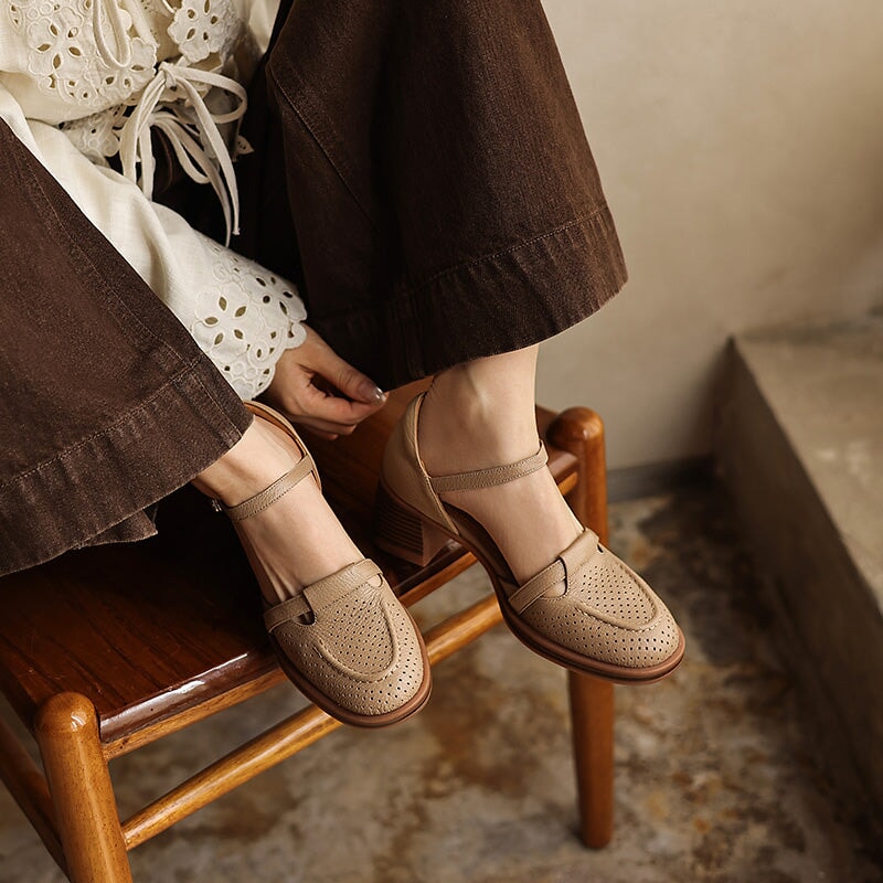 Perforated Leather Mary Jane Block Heel Shoes Breathable Ankle Strap Sandals in Apricot/Beige/Light Blue