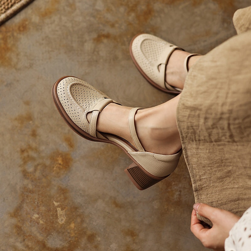 Perforated Leather Mary Jane Block Heel Shoes Breathable Ankle Strap Sandals in Apricot/Beige/Light Blue