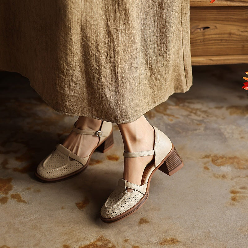 Perforated Leather Mary Jane Block Heel Shoes Breathable Ankle Strap Sandals in Apricot/Beige/Light Blue