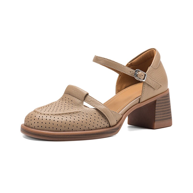 Perforated Leather Mary Jane Block Heel Shoes Breathable Ankle Strap Sandals in Apricot/Beige/Light Blue