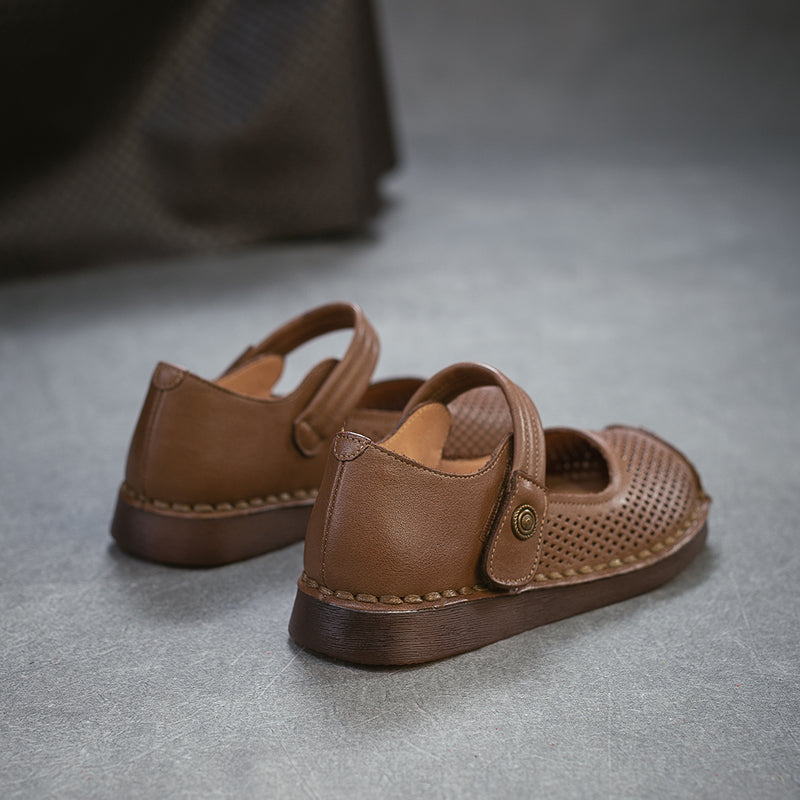 Perforated Leather Mary Jane Flats for Women Breathable Handmade Retro Velcro Shoes in Dark Brown/Camel