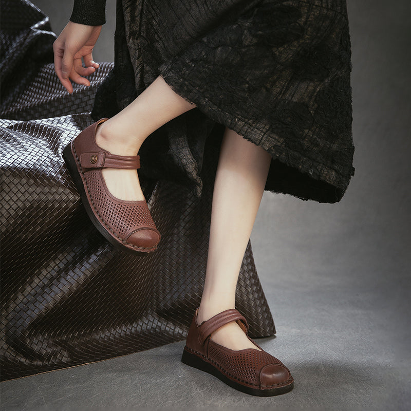 Perforated Leather Mary Jane Flats for Women Breathable Handmade Retro Velcro Shoes in Dark Brown/Camel