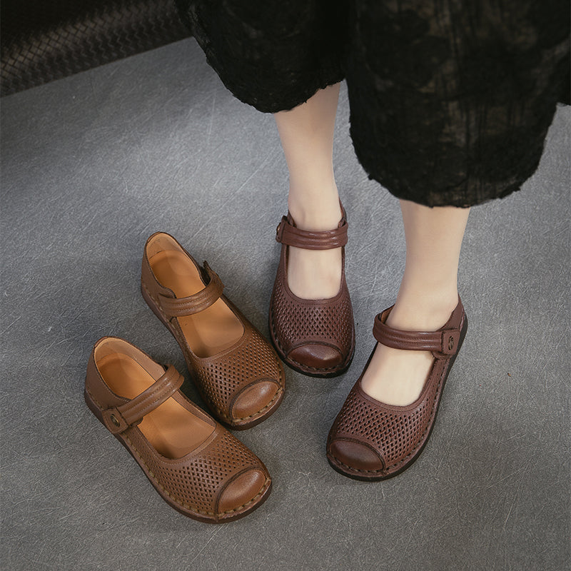 Perforated Leather Mary Jane Flats for Women Breathable Handmade Retro Velcro Shoes in Dark Brown/Camel