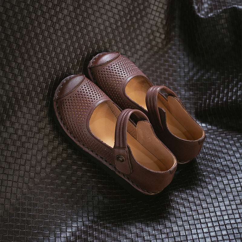 Perforated Leather Mary Jane Flats for Women Breathable Handmade Retro Velcro Shoes in Dark Brown/Camel