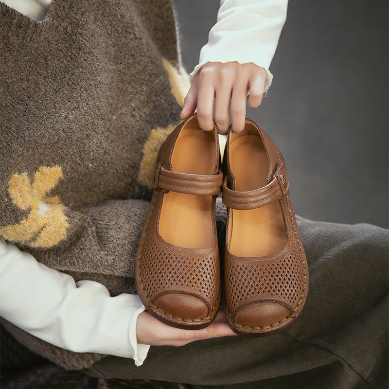 Perforated Leather Mary Jane Flats for Women Breathable Handmade Retro Velcro Shoes in Dark Brown/Camel