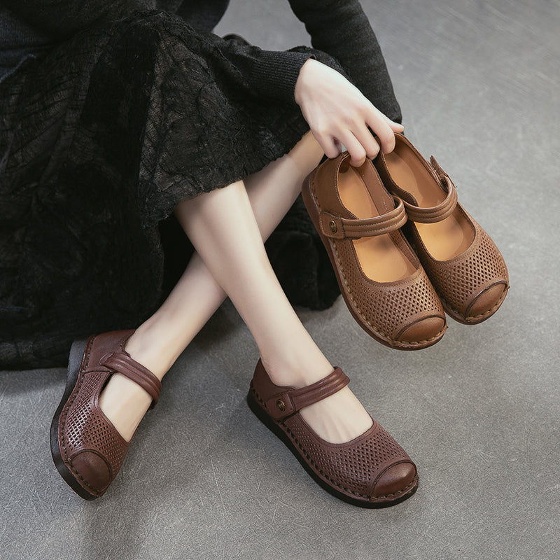 Perforated Leather Mary Jane Flats for Women Breathable Handmade Retro Velcro Shoes in Dark Brown/Camel